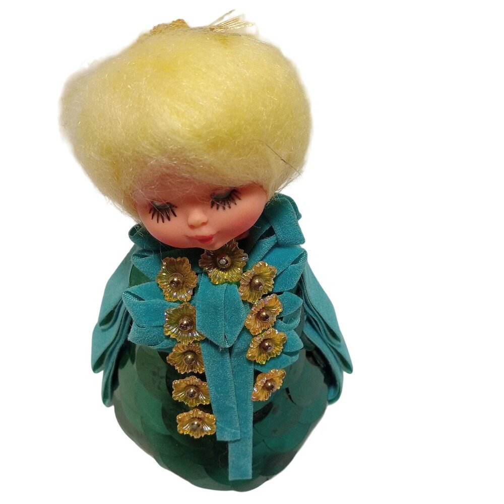 Vintage Handmade Blonde Doll in Green Sequin Dress Blue Felt Trim 60s DIY Kit - Picture 3 of 11